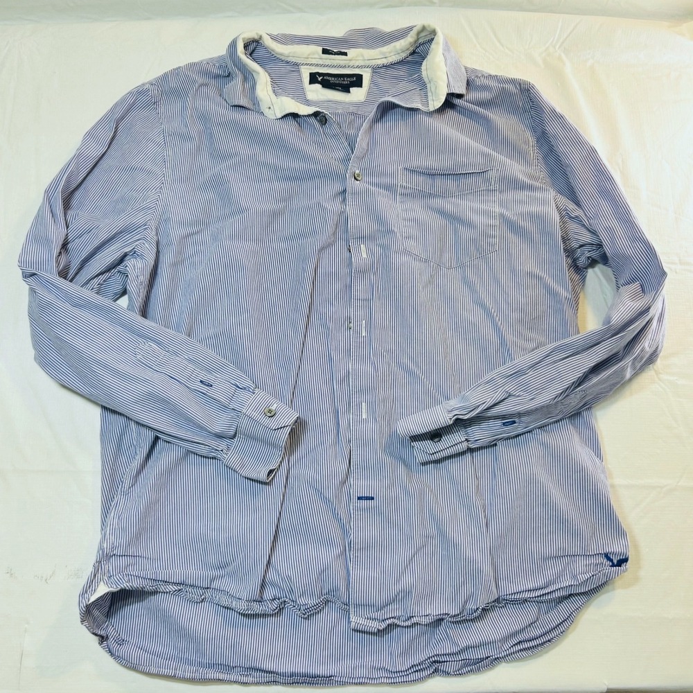 American Eagle Outfitters Mens XXL Slim Fit Blue Pinstripe Cotton Button Down‎